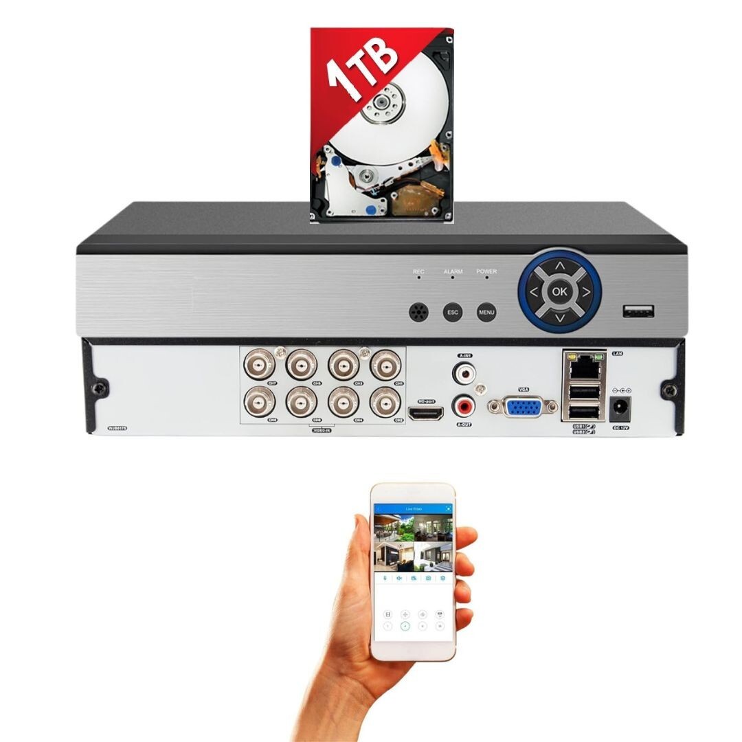 Evertech 8 Channel H265 Security DVR with 1TB HDD Analog TVI AHD CVI Easy Remote