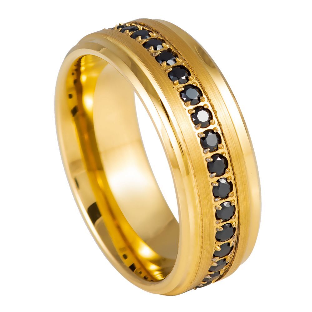 Tungsten Ring Band Yellow Gold IP Black CZ Eternity For Men & Women