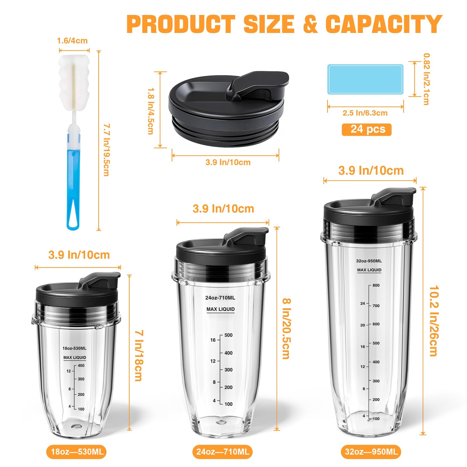 Replacement 24oz Blender Cups for Ninja 2-Pack, Leakproof Lids, Waterproof Wr...