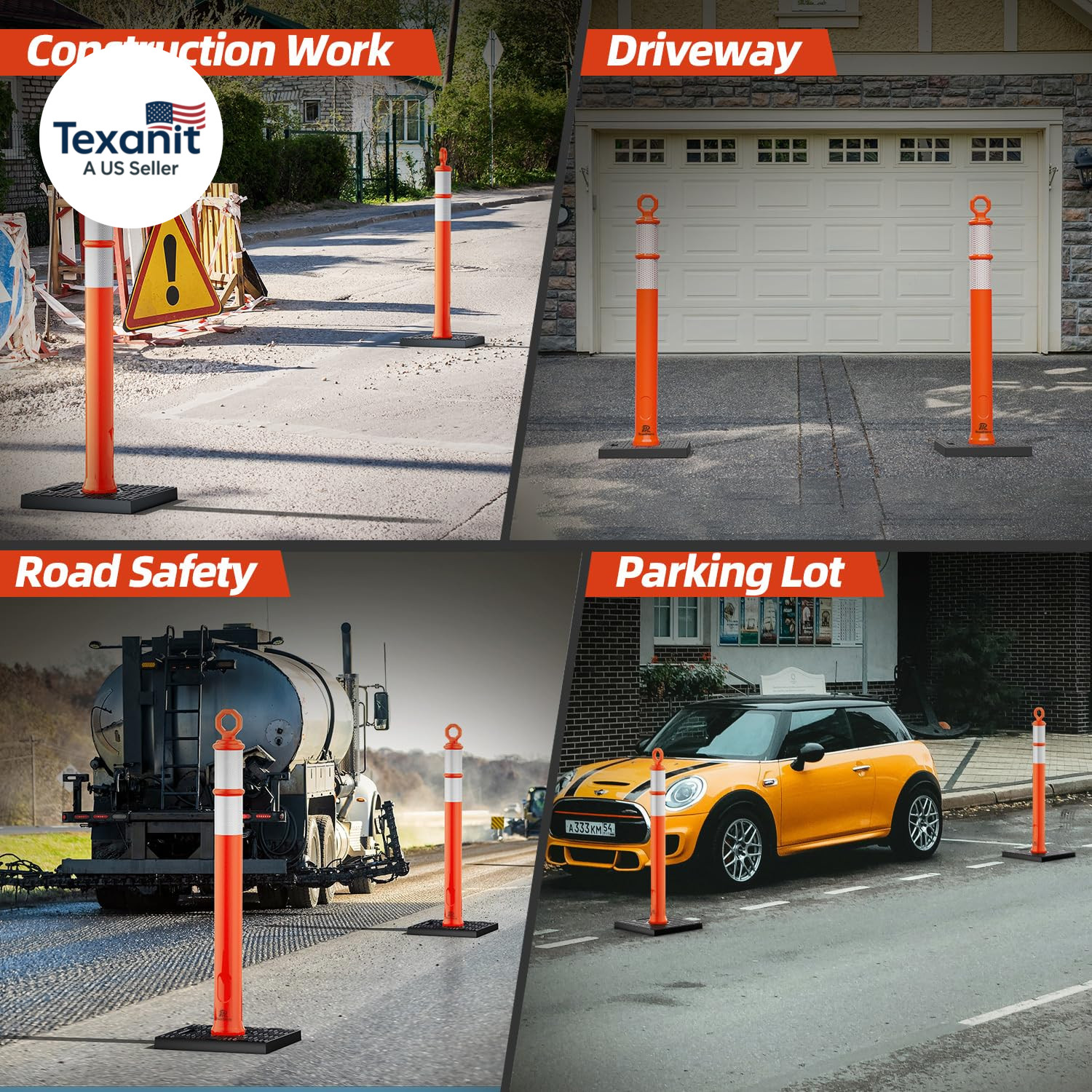 42 Inch Delineator Post with Base, Portable Orange Traffic Delineator Posts Cone