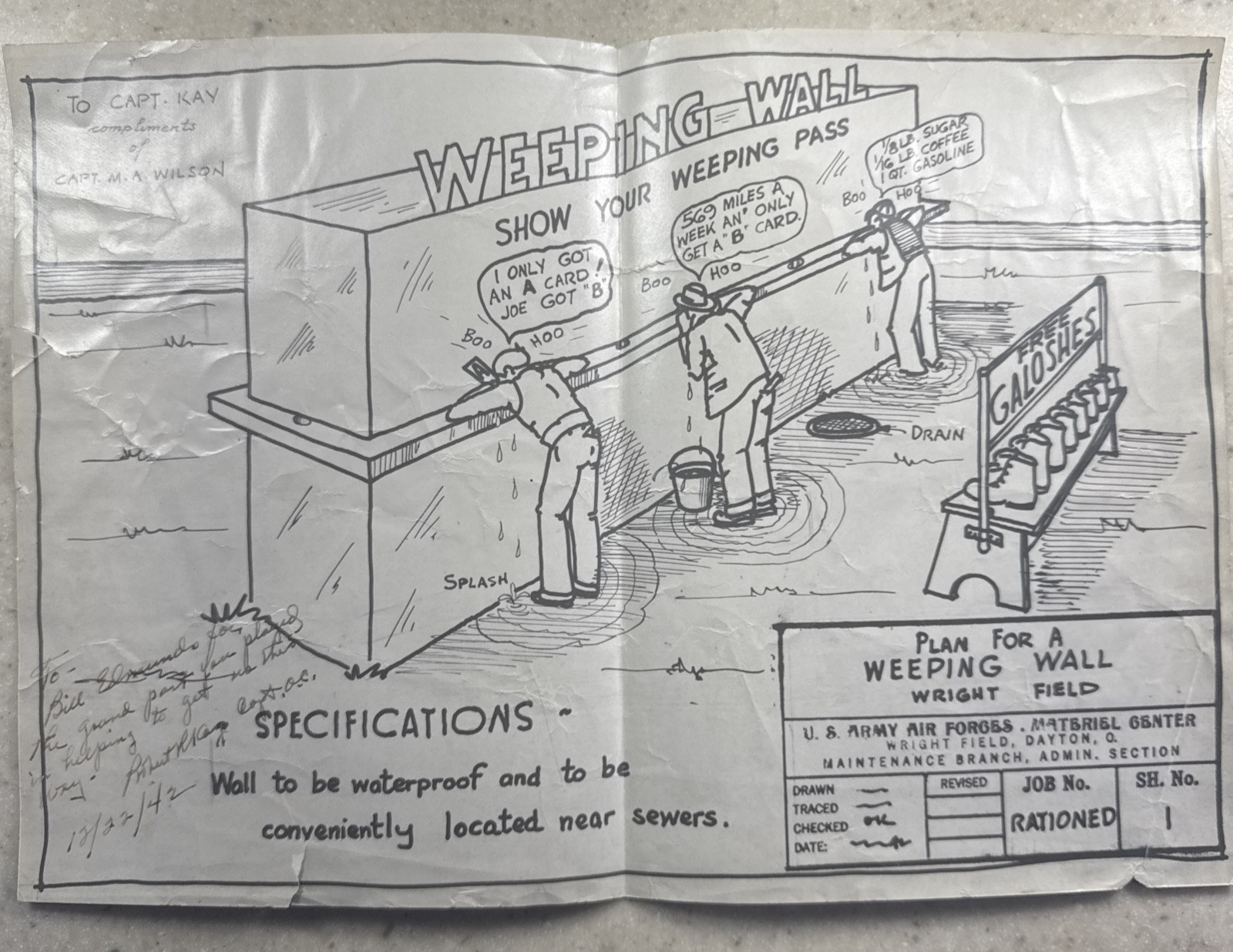 1942 Wright Field, Dayton Ohio US Army Weeping Wall Cartoon Signed by Captain