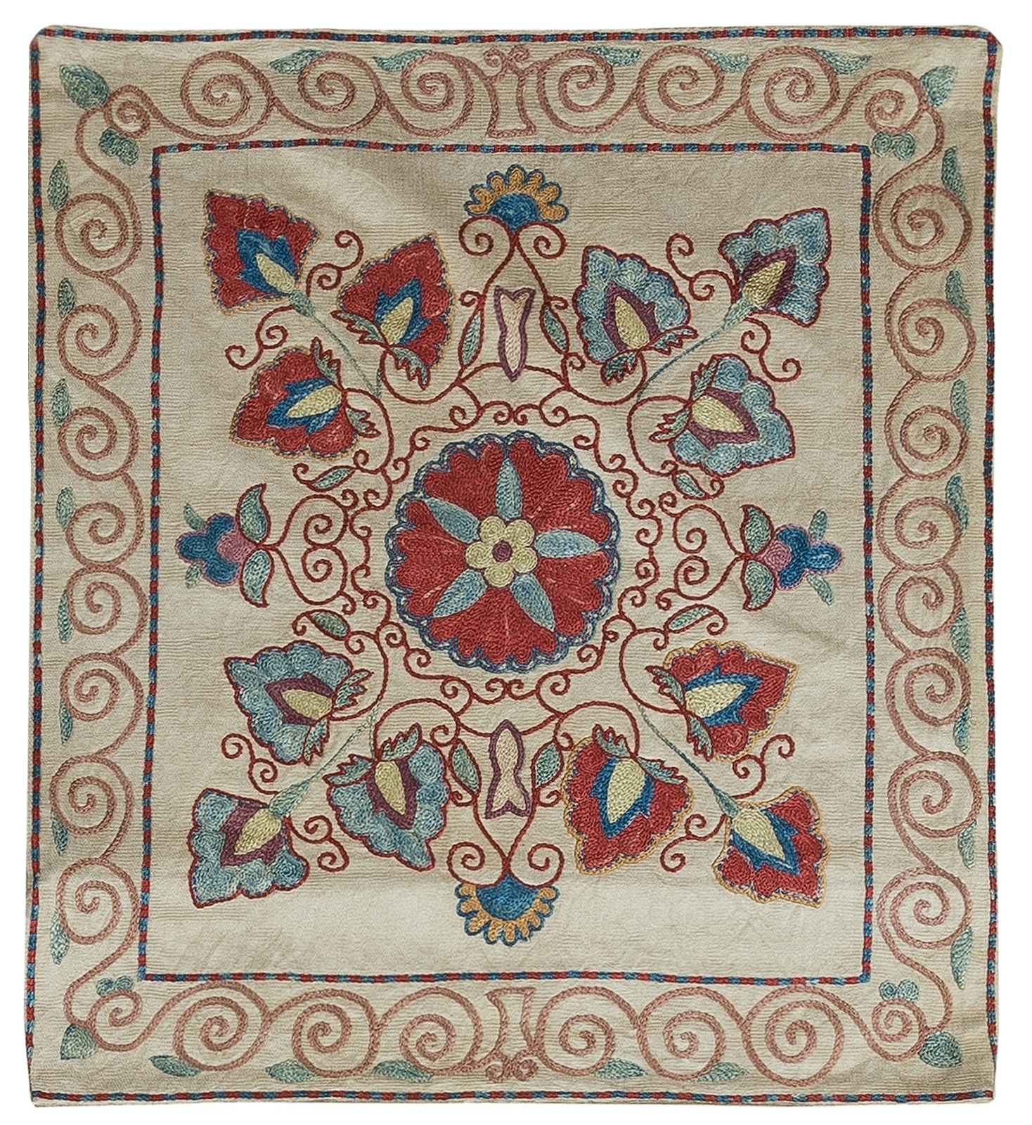 19"x21" Handmade 100% Silk Cushion Cover From Uzbekistan, Floral Lace Pillow