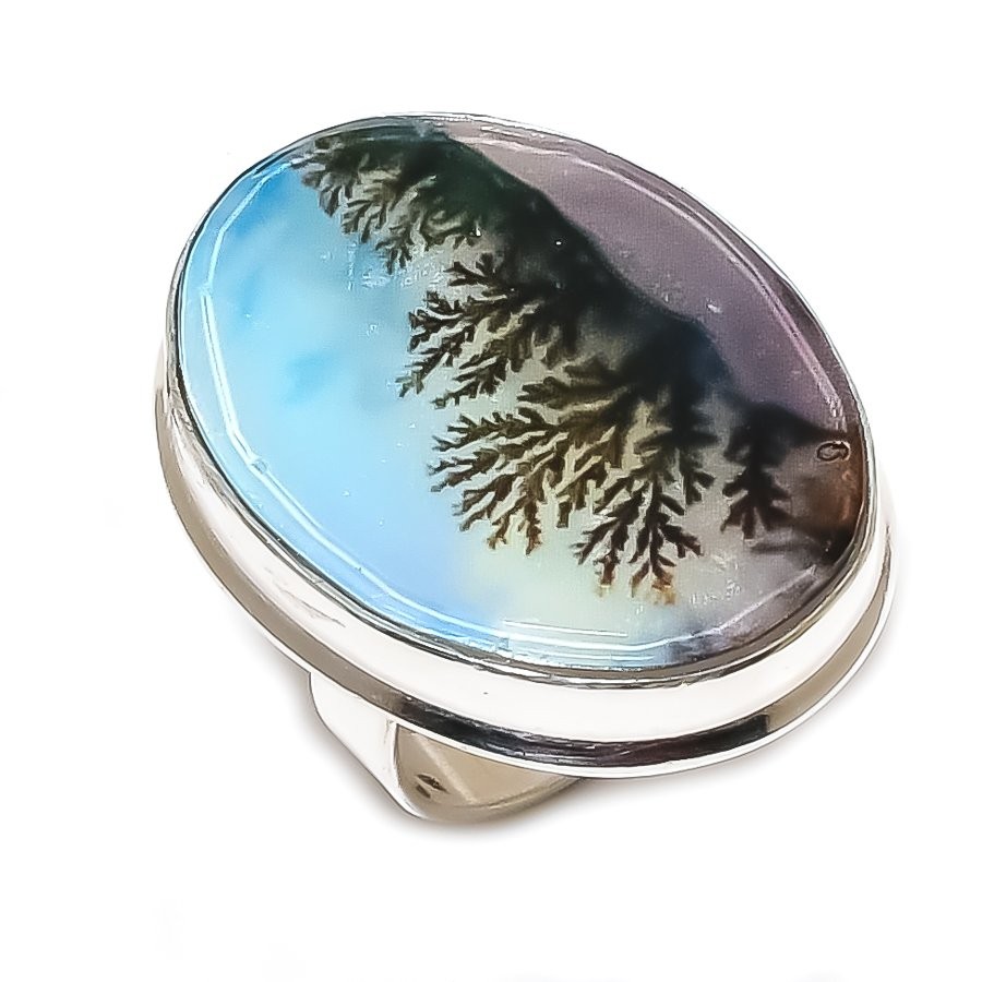 Dendrite Opal Gemstone Handmade 925 Sterling Silver Jewelry Ring Size 9 h553