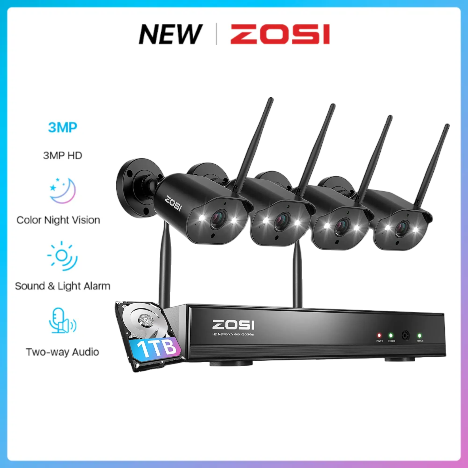 ZOSI 8CH 3MP 2K Wireless Security Camera System Night Vision AI Human Detection