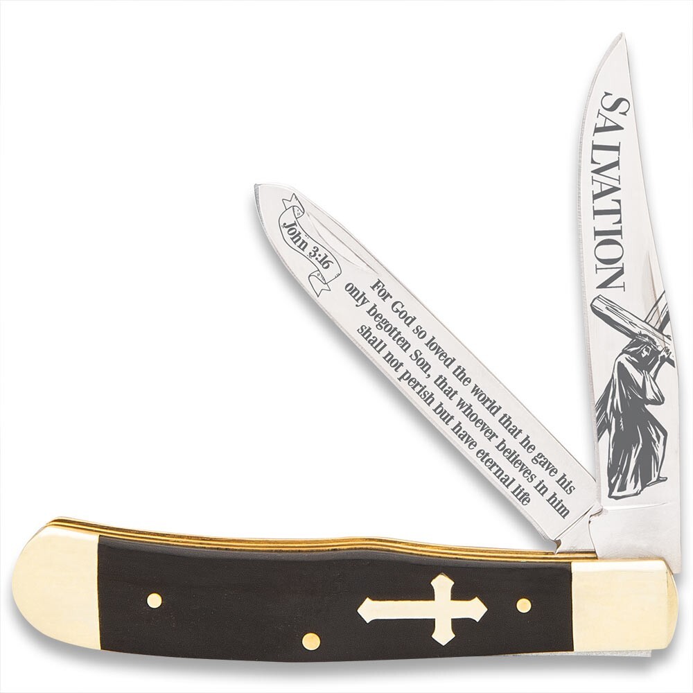 Salvation Trapper Pocket Knife | John 3:16 Etching | Stainless Steel Blades
