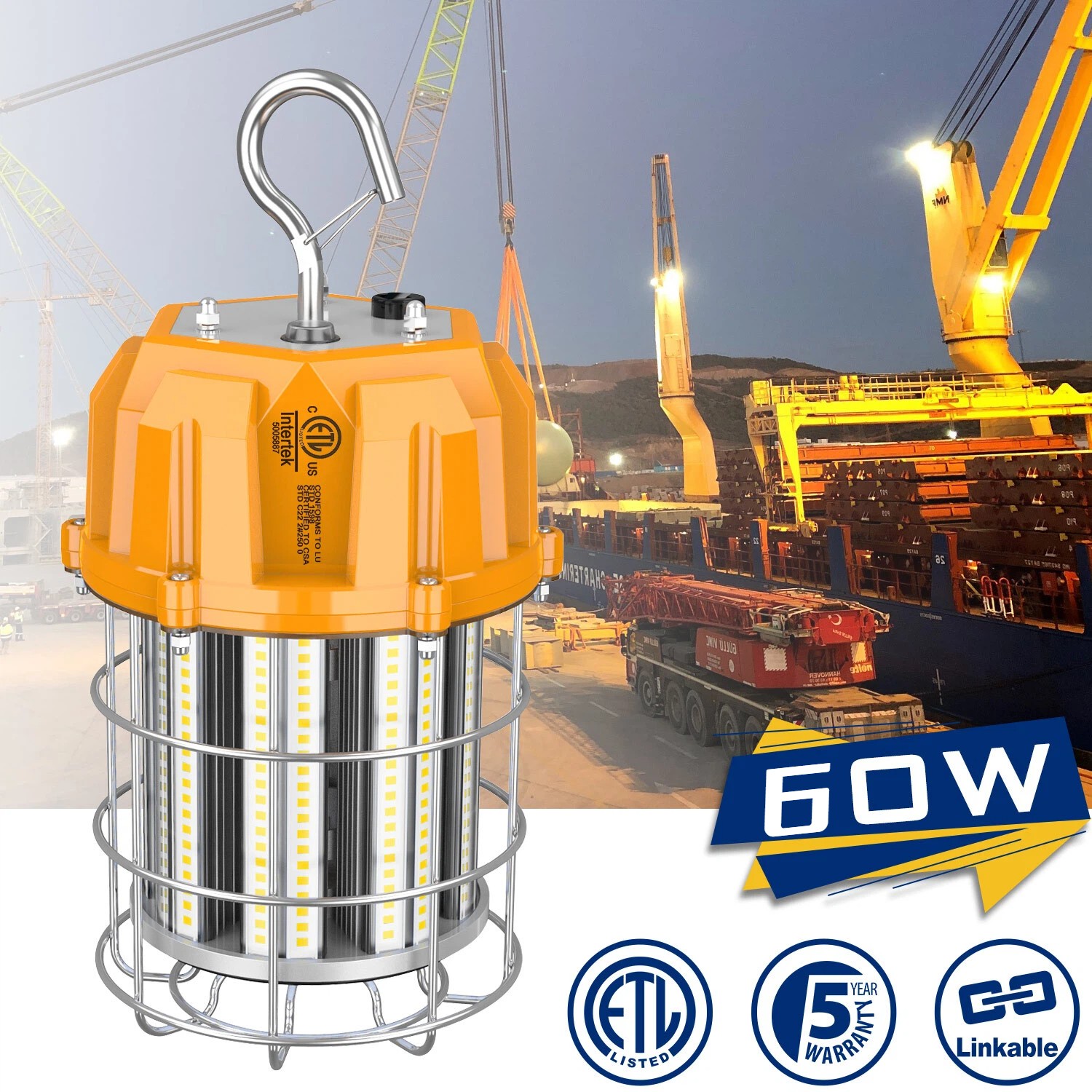 LED Temporary Work Light 60W 8,700LM Construction Jobsite High Bay Work Light