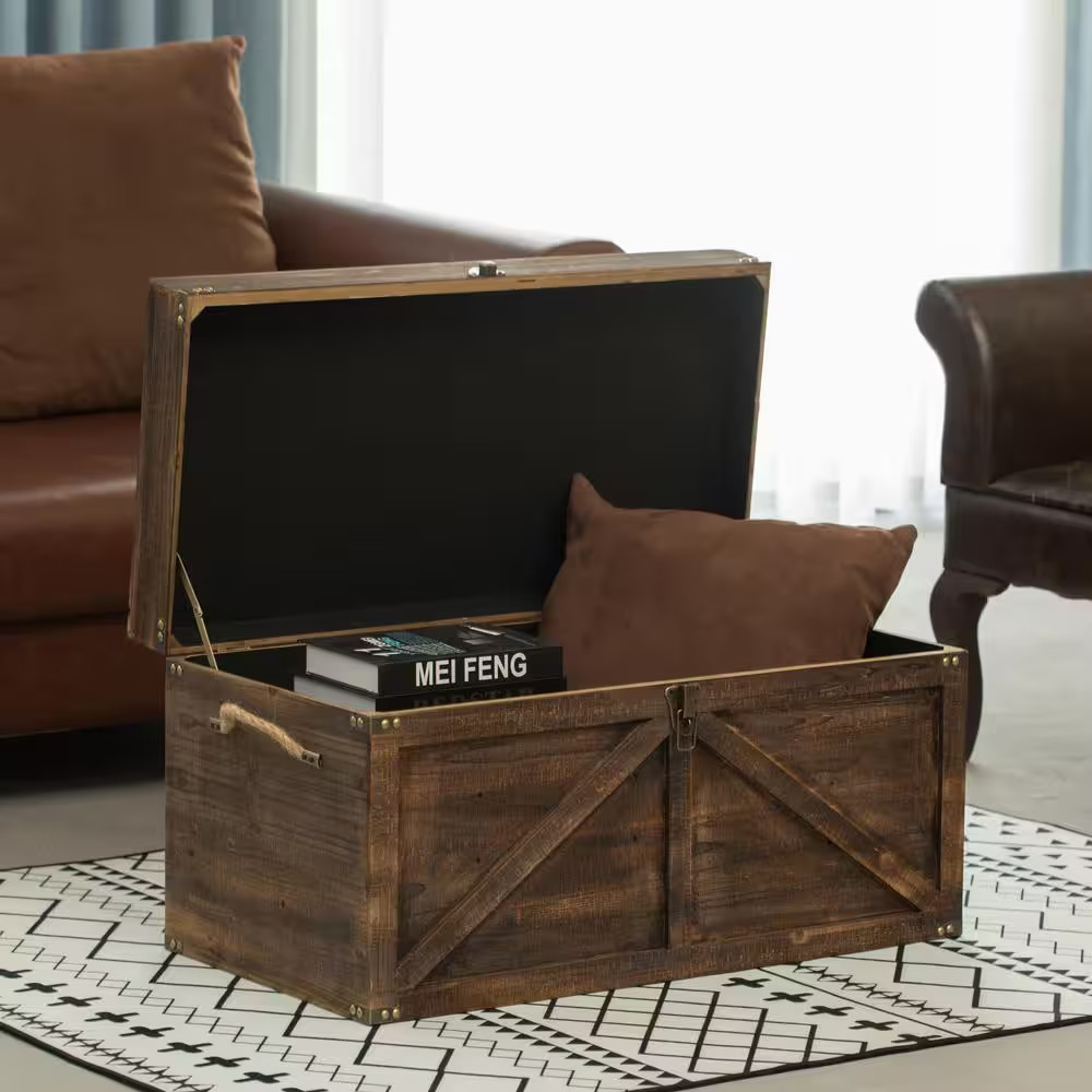 Brown Large Wooden Lockable Trunk Farmhouse Style Rustic Design Lined Storage Ch