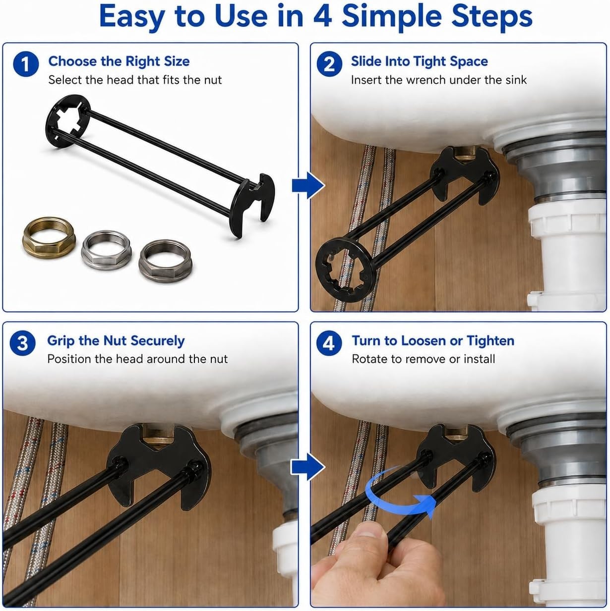 Efficient 2PCS Basin Wrench Set for Tight Spaces - Rotating Head & Metal Build