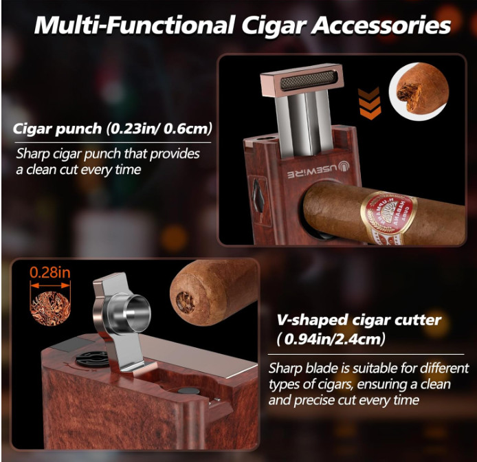 Multifunctional Cigar Lighter with Cutter, Holder, Punch, and Draw Enhancer