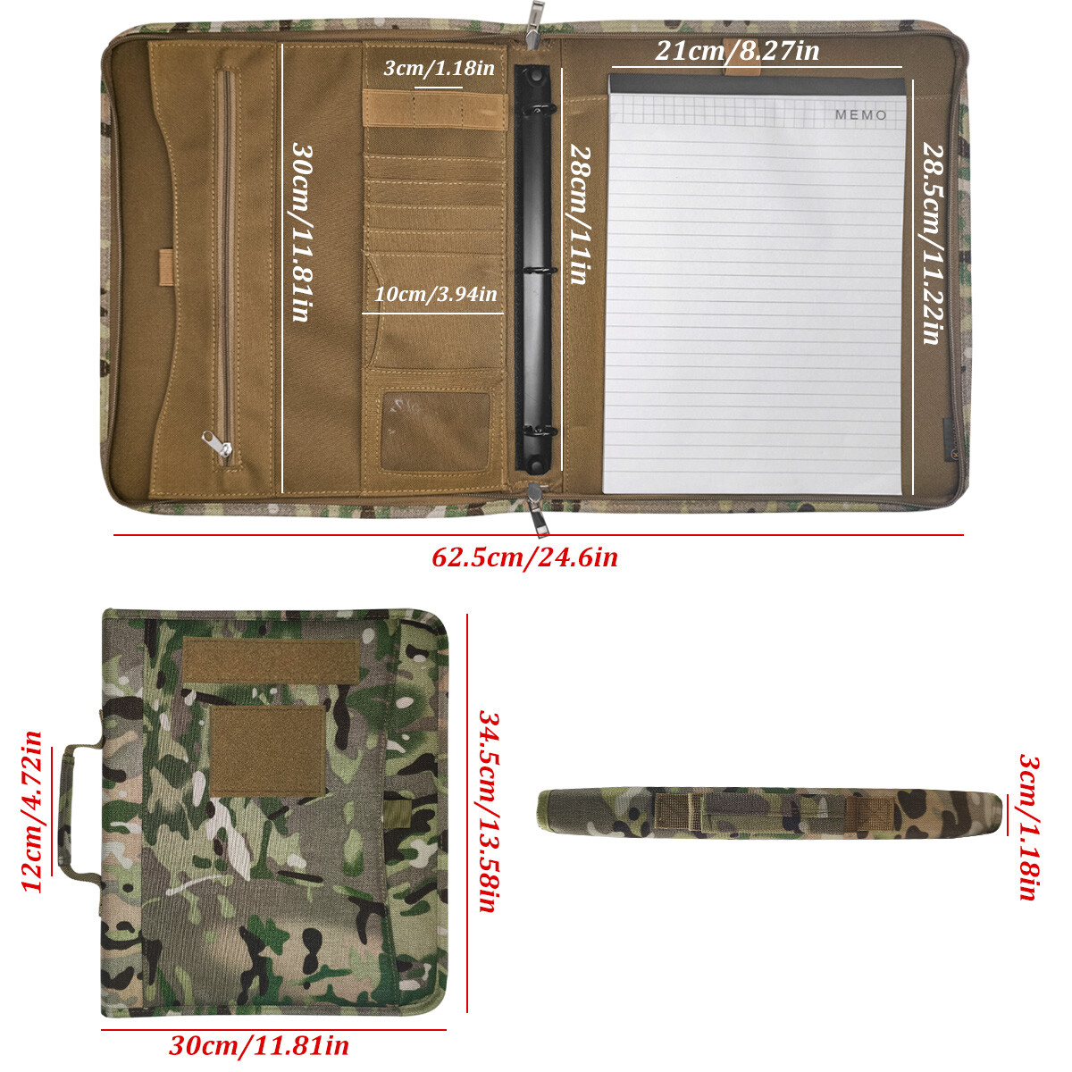 Tactical A4 3-Ring Binder Padfolio Notepad Weatherproof Notebook Cover w/ Zipper
