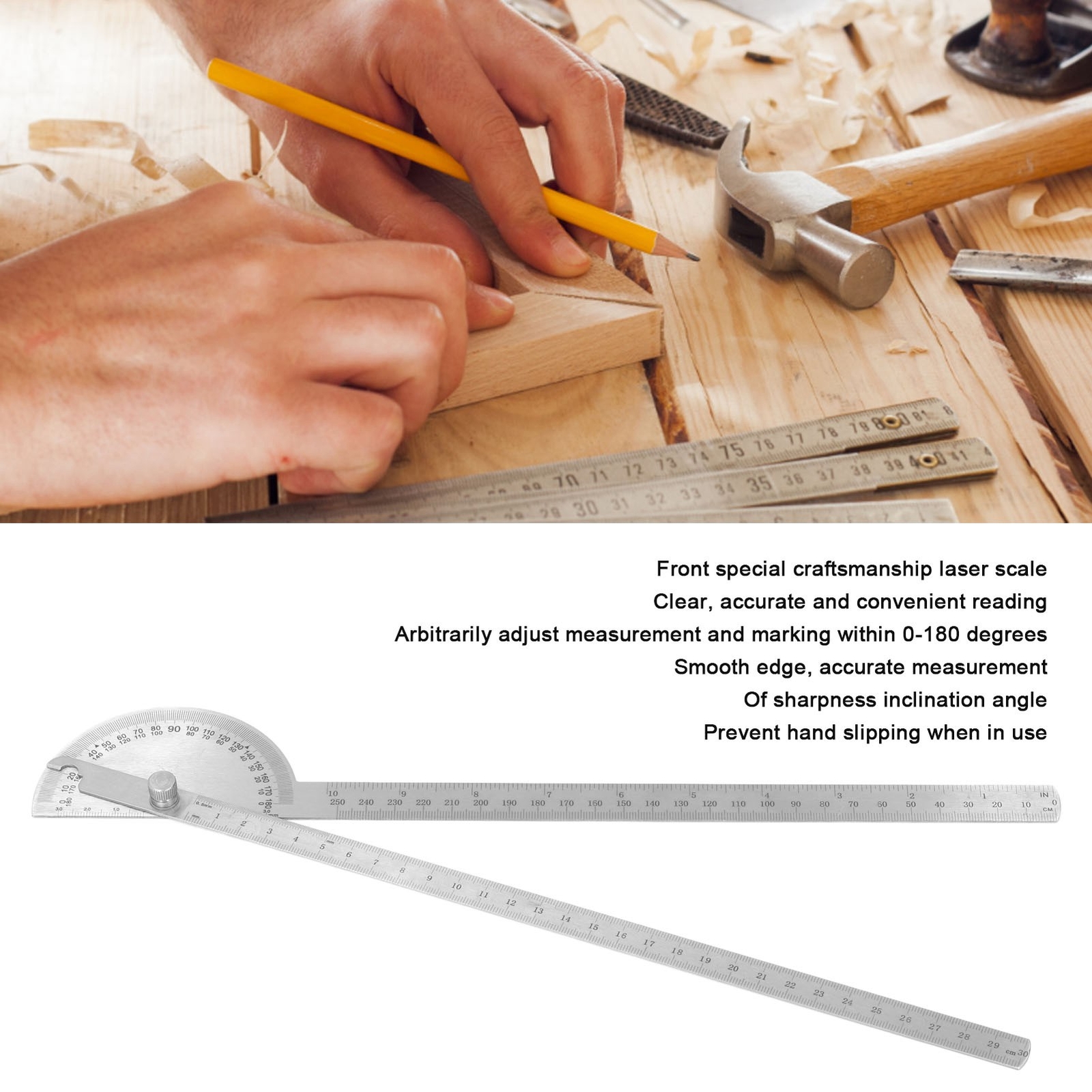 Angle Protractor 0‑180° 2 Arm Finder Stainless Steel Woodworking Ruler 250mm