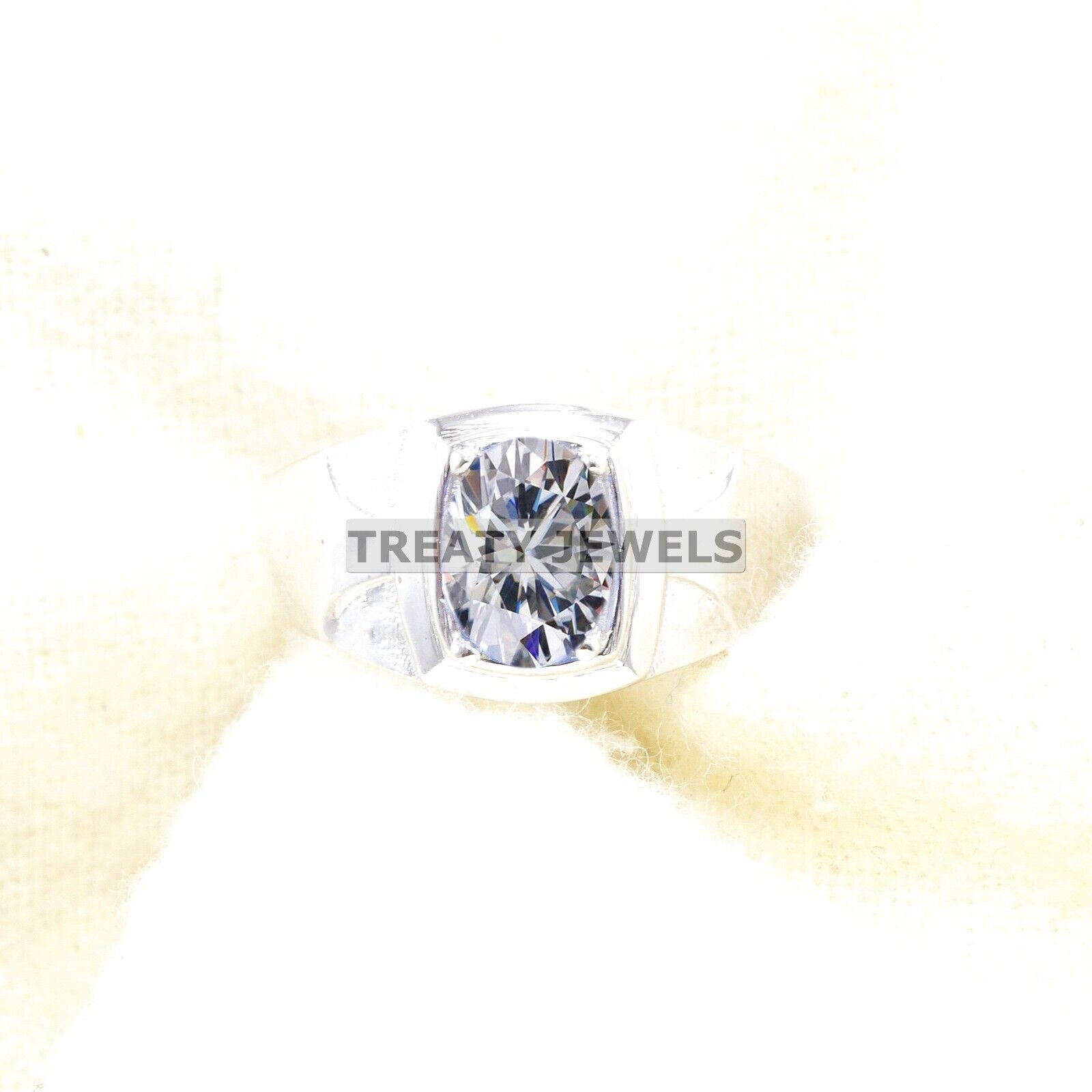 Moissanite Oval Cut Gemstone With 14K Solid White Gold Ring For Men's #B331