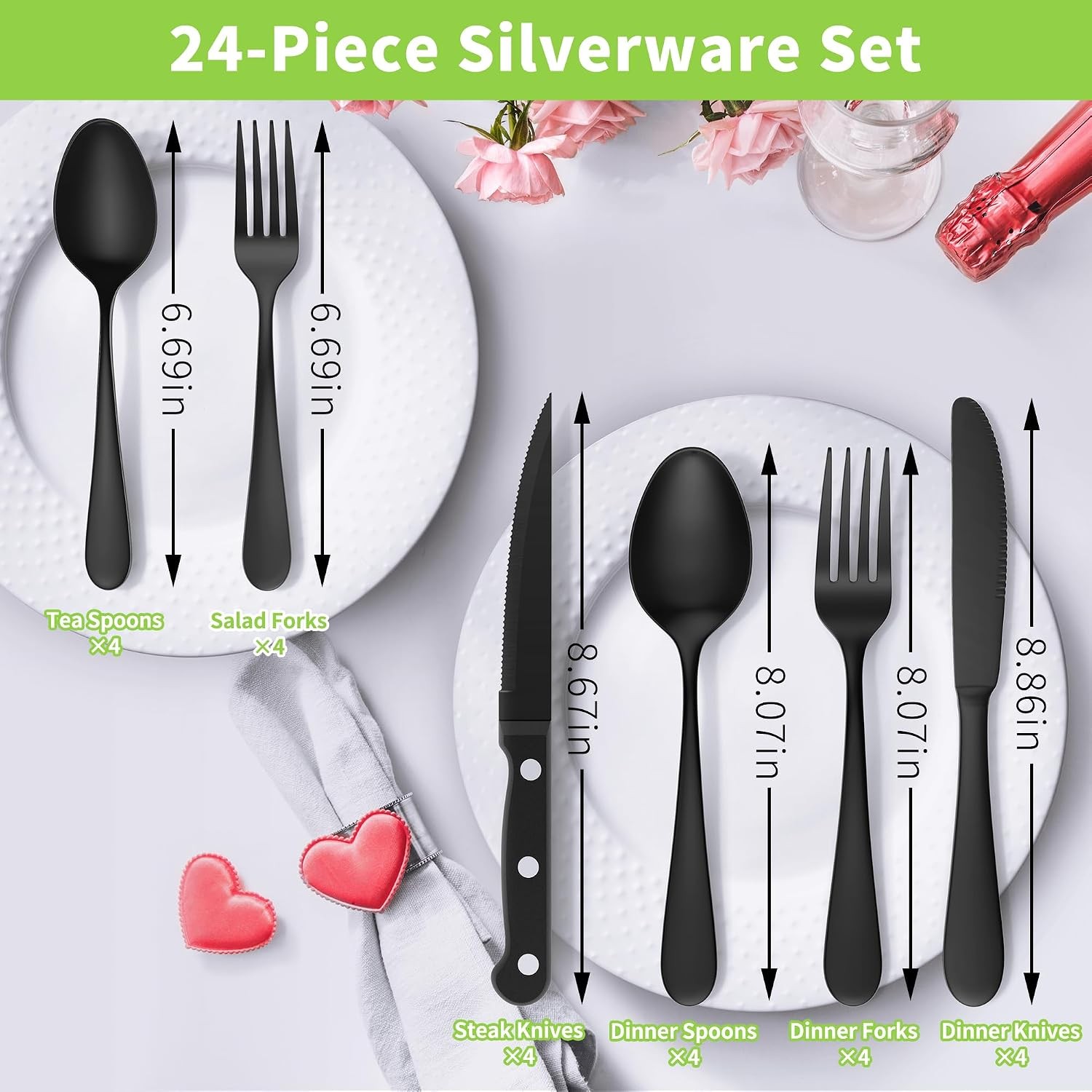 24-Piece Black Silverware Set with Steak Knives-Forks and Spoons Silverware Sets
