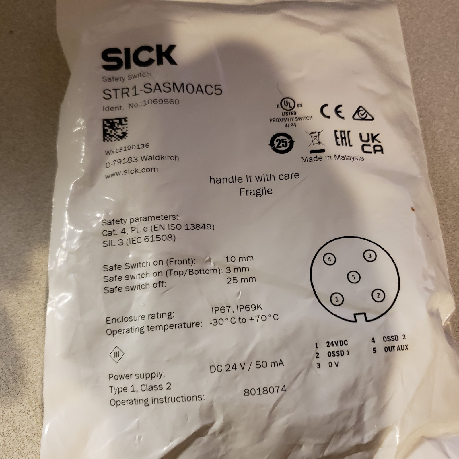 SICK- STR1-SASM0AC5 TRANSPONDER SAFETY SWITCH, RFID, CABLE 5-WIRE 3m, 24VDC