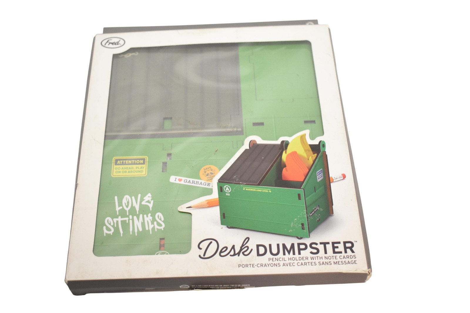 Fred Desk Dumpster Pencil Holder With Note Cards Wood Green Novelty Desk