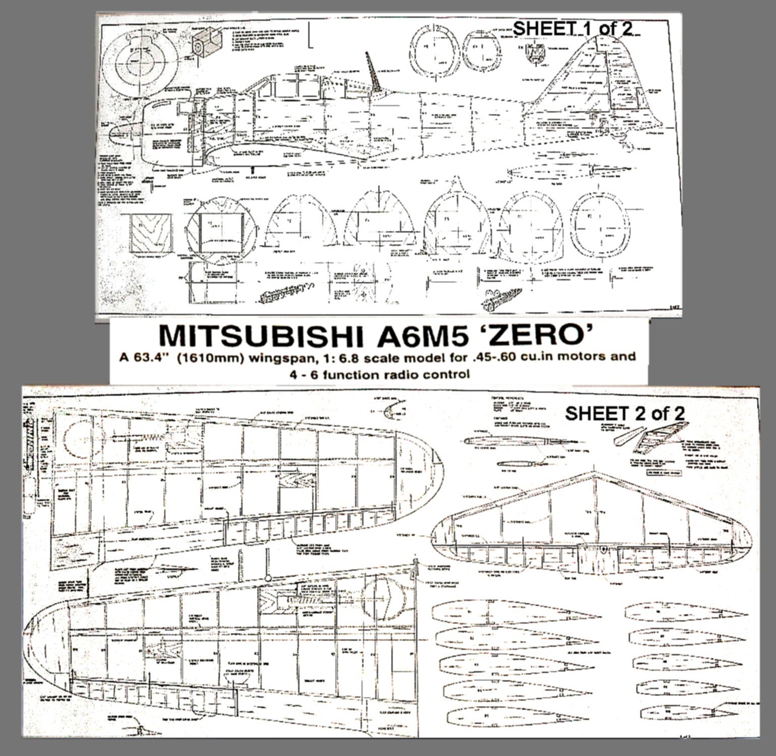 RC Printed plans and patterns MITSUBISHI A6M5 ZERO Wingspan 64"