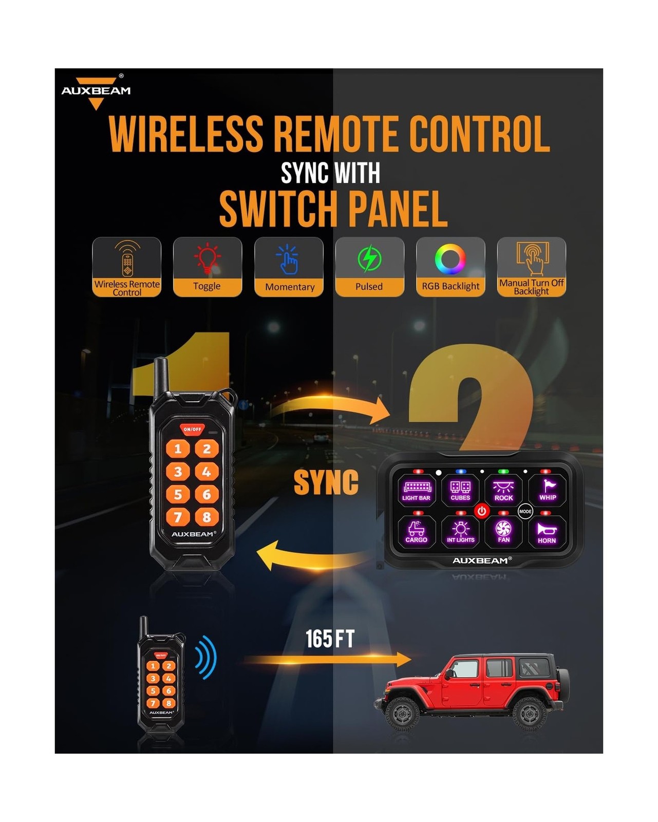 Auxbeam 8 Gang Switch Panel RC-800 Control Range Up to 165FT Easy Control | T...