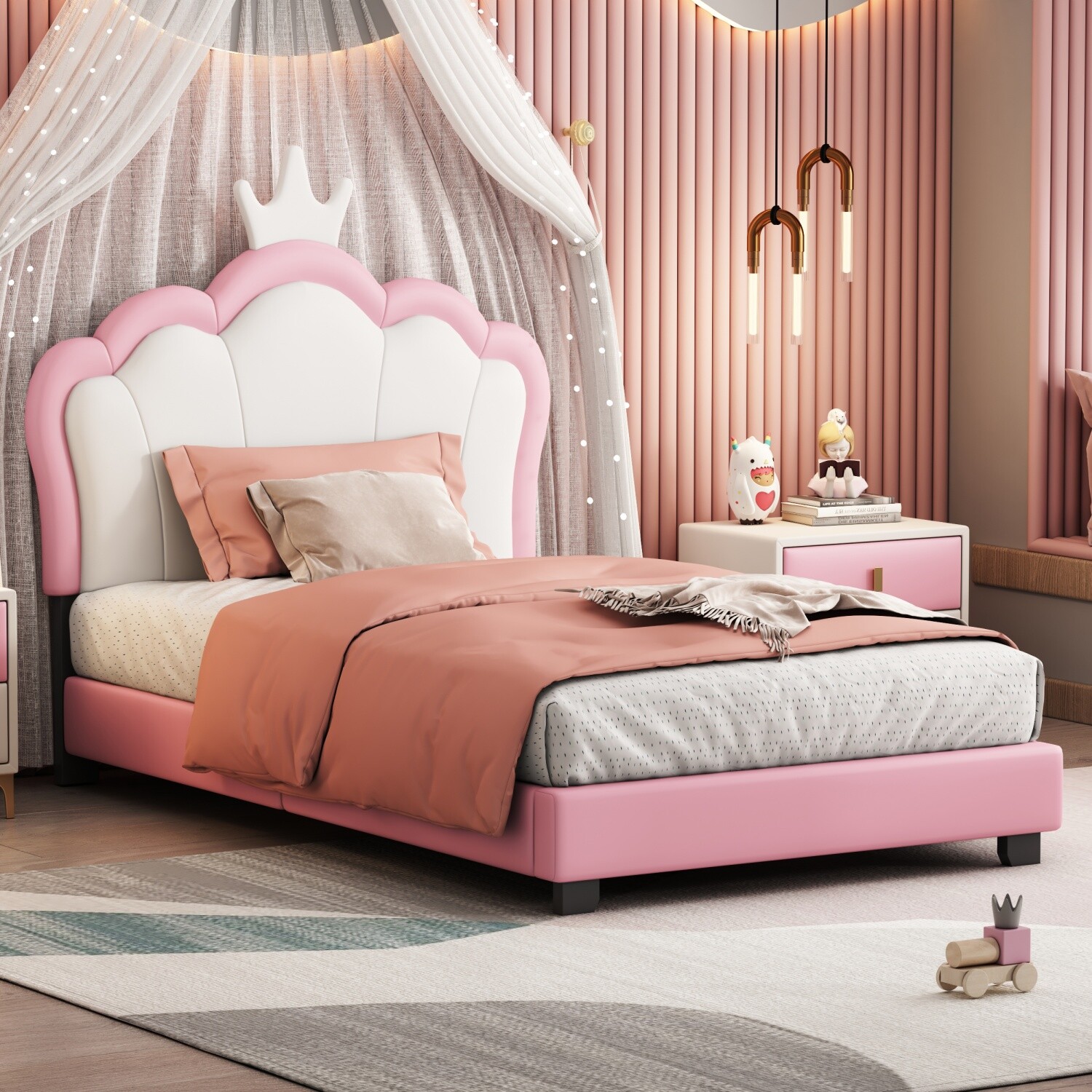 Twin/Full Size Bed Frame PU Upholstered Platform Bed w/ Headboard Pink & Cream