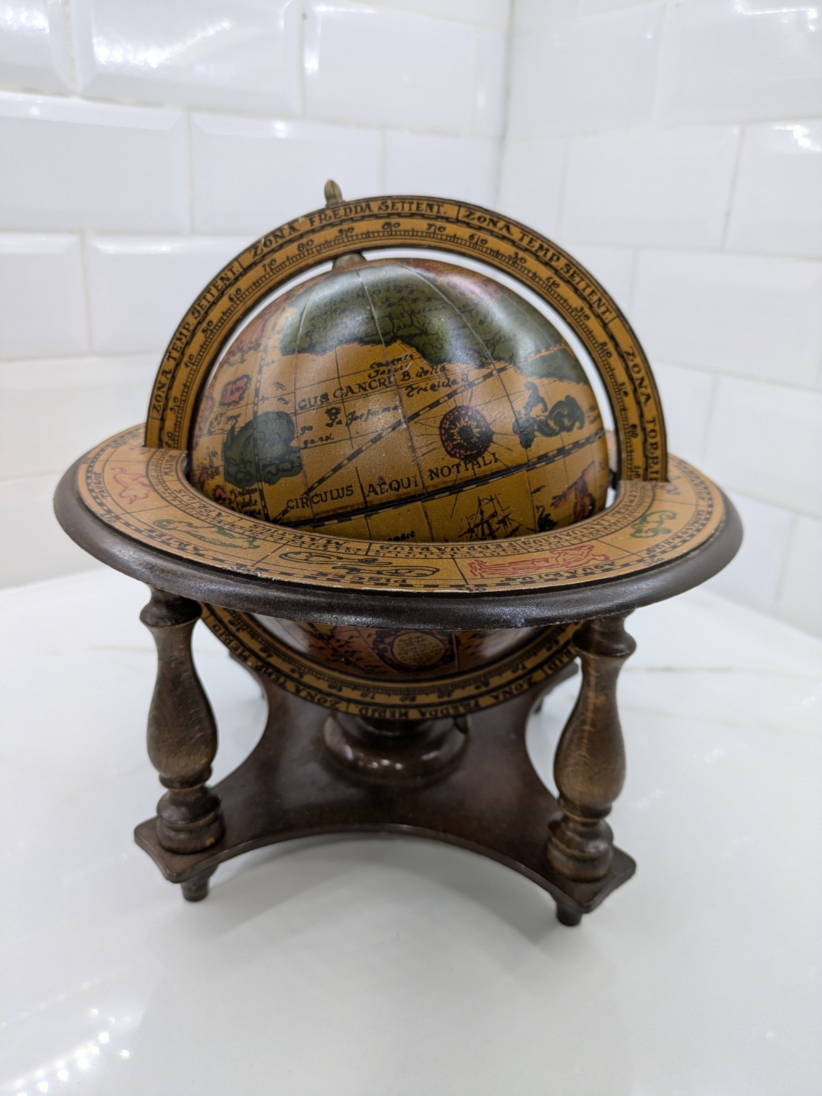 Vtg Old World Spinning Globe Astrology Zodiac Carved Wood Stand 11" Rustic Italy