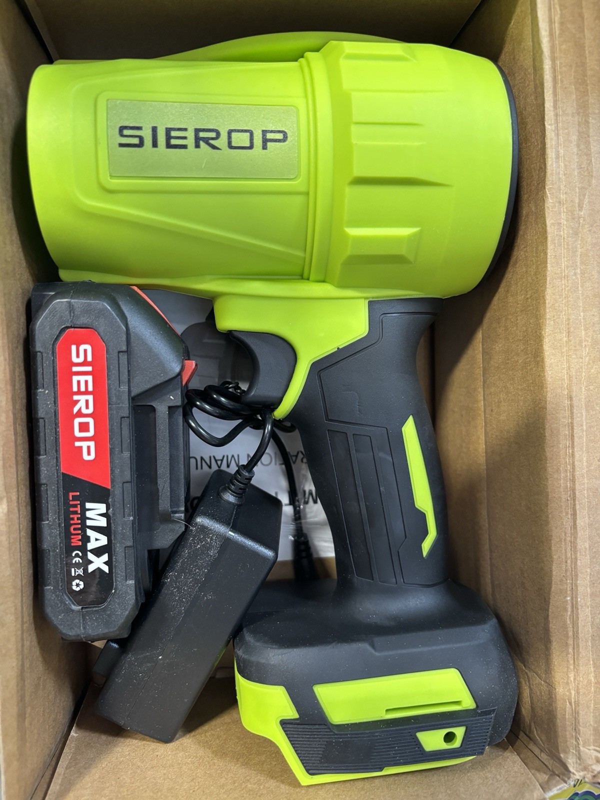 SIEROP Handheld blower Lithium Battery Powered Green Black Spotlight Cordless