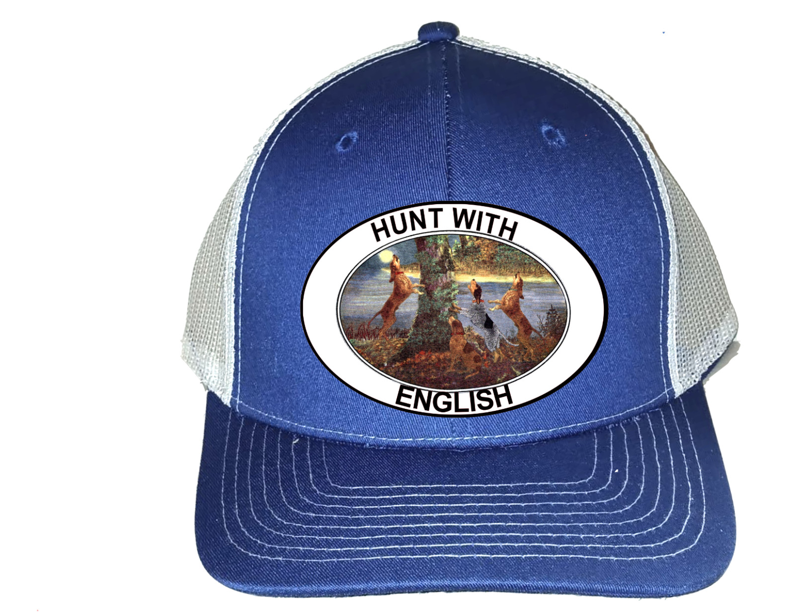 Cap Hat Blue White Mesh Hunting Hunt English Coonhound Coon Hound Dog Press On