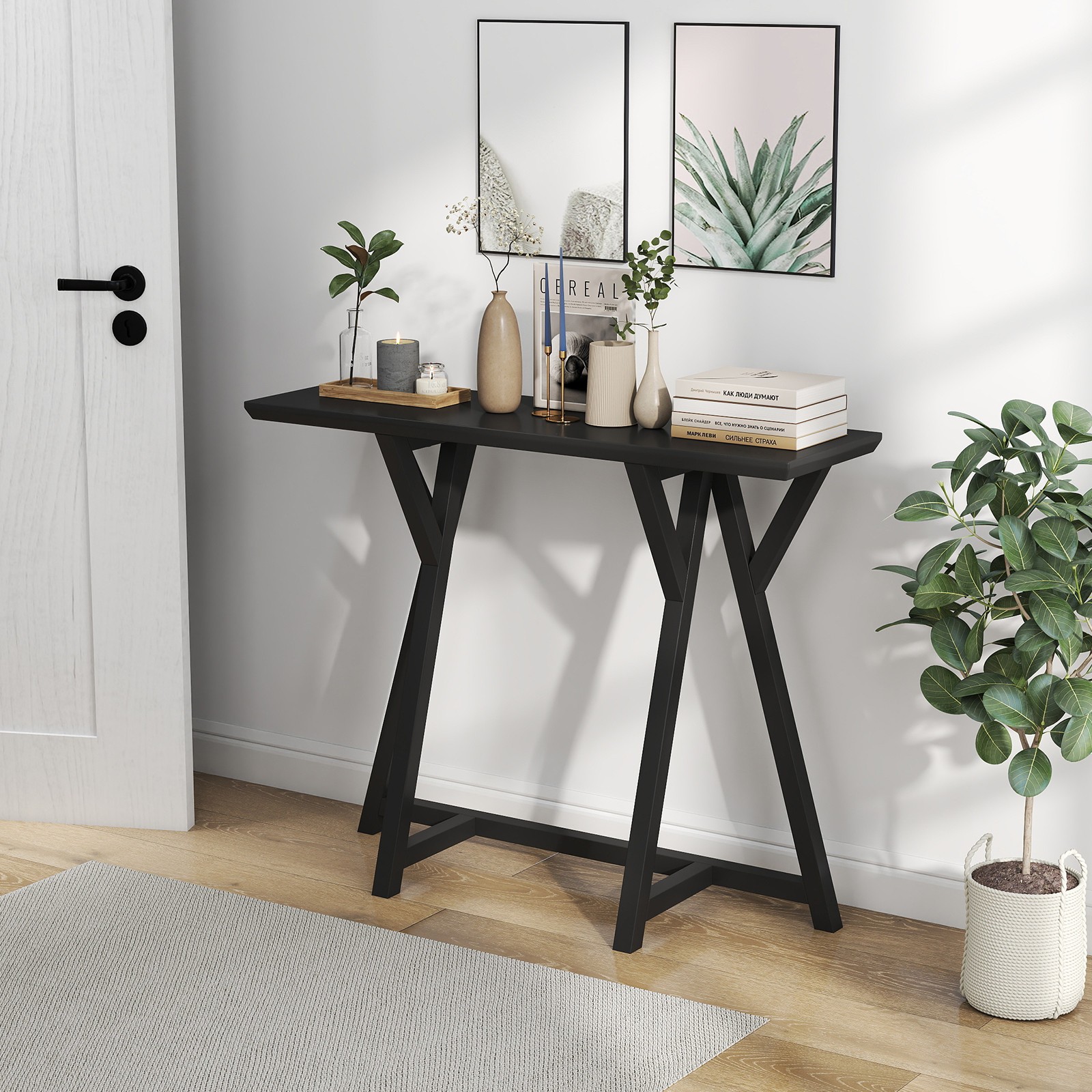 Black Console Table, Triangle Structure Design Sofa Table for Living Room