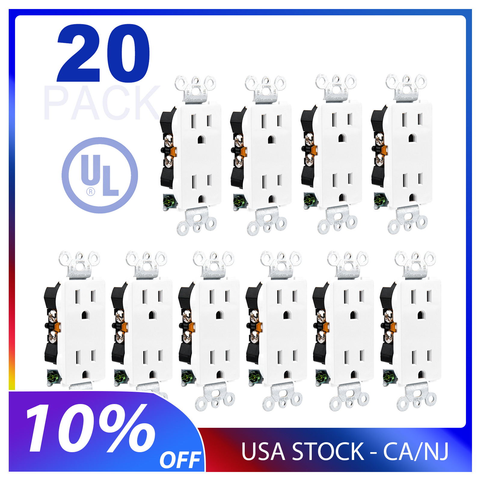Decor Wall Recetpacle Outlet 15Amp 3 Wire Self-Grounding Tamper Resistant 20Pack