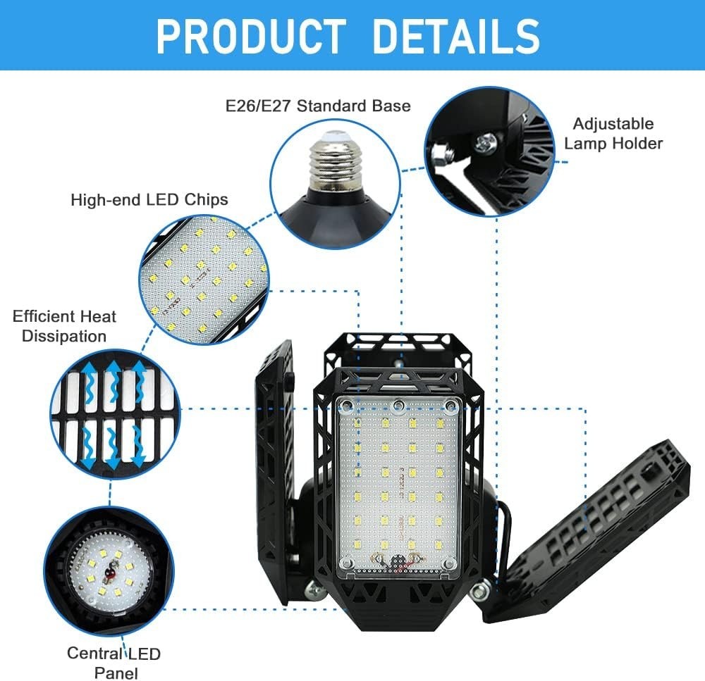 150W LED Garage Light 15000LM Deformable Ceiling Shop Light 4 Panel E26