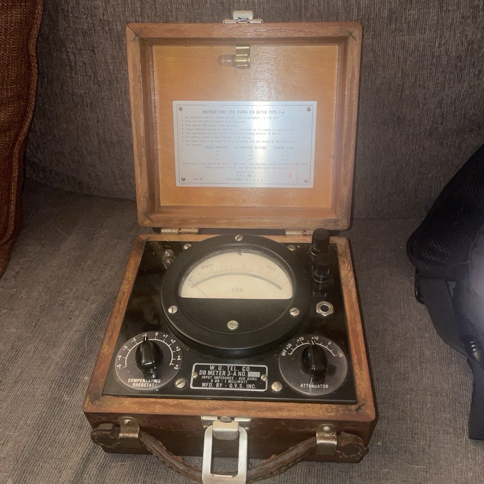 Vintage Western Union DB Meter Model 3-A With Rheostat Original Wooden Case