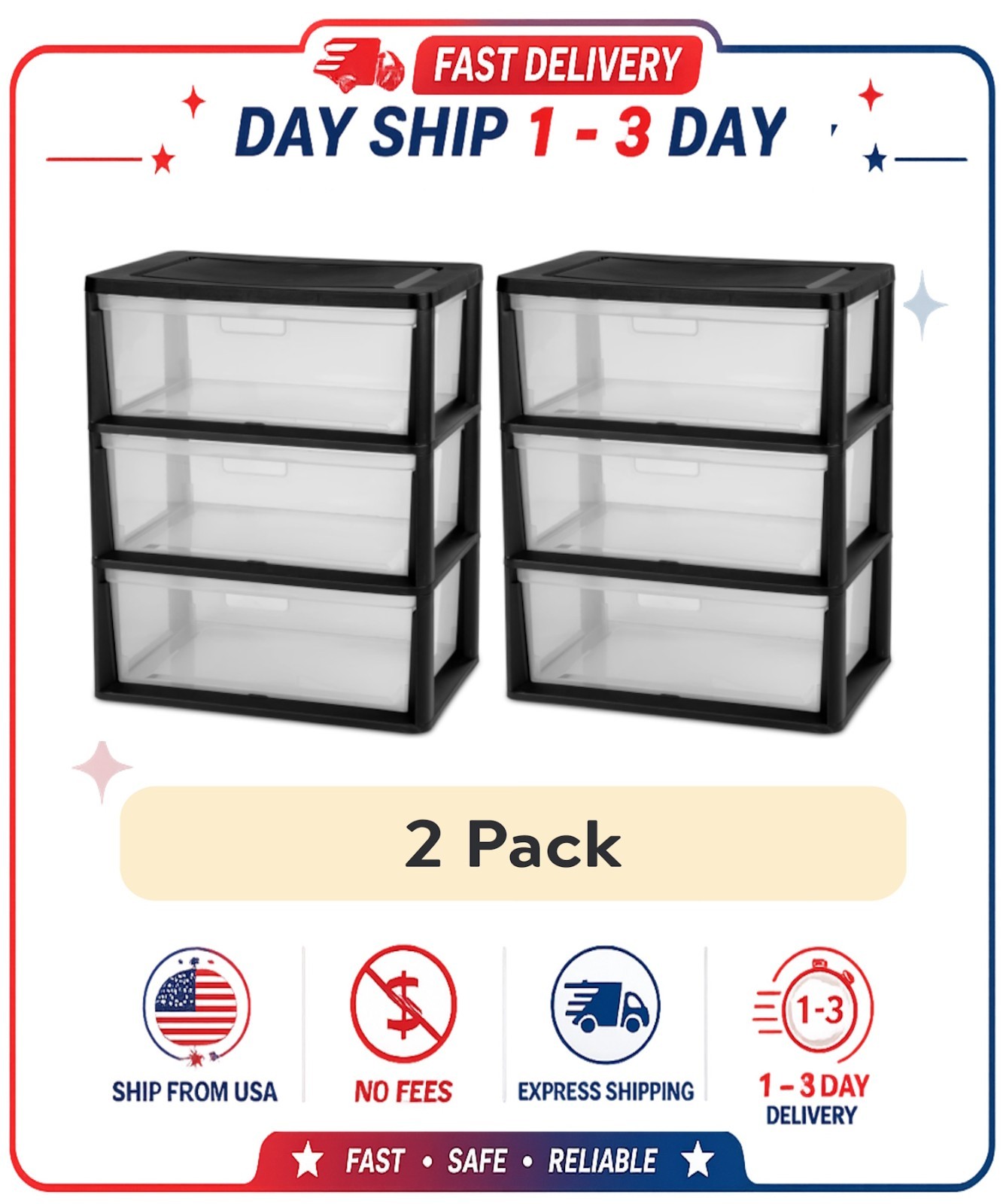 (2 pack) Sterilite Wide 3 Drawer Tower, Plastic Storage Organizer with Removable