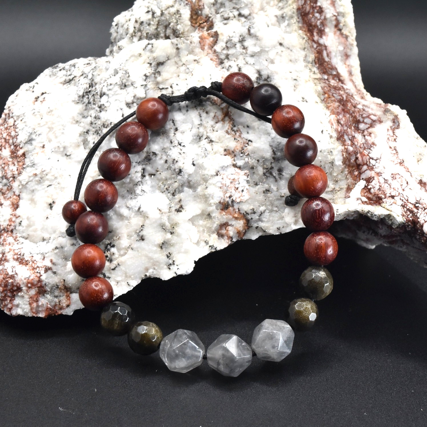 Gray Quartz Natural Diffuser Wooden Bracelet. Crystals "For Balance & Grounding"