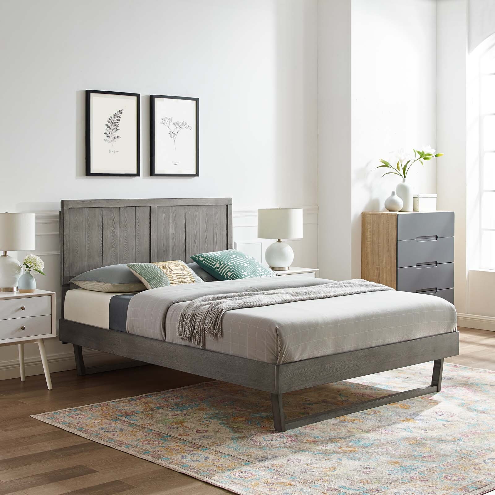 Modway Alana Wood Full Platform Bed in Gray With Angular Frame