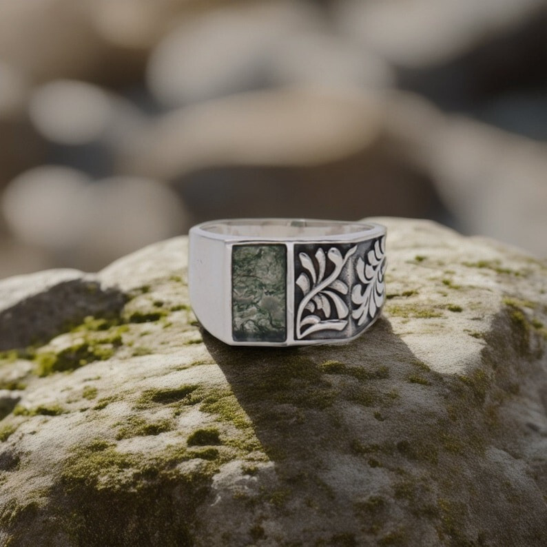 Natural Moss Agate Men's Ring Solid 925 Sterling Silver Ring Signet Ring