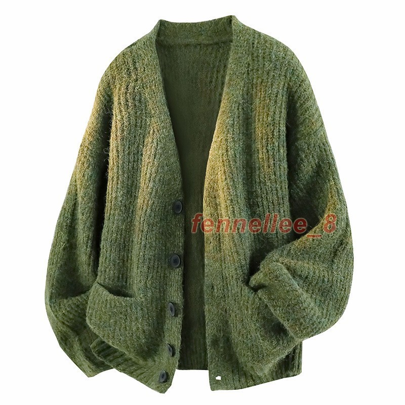 Retro Green Cardigan Sweater Mens Casual Knitted Jacket Causal Loose Outwear Hot