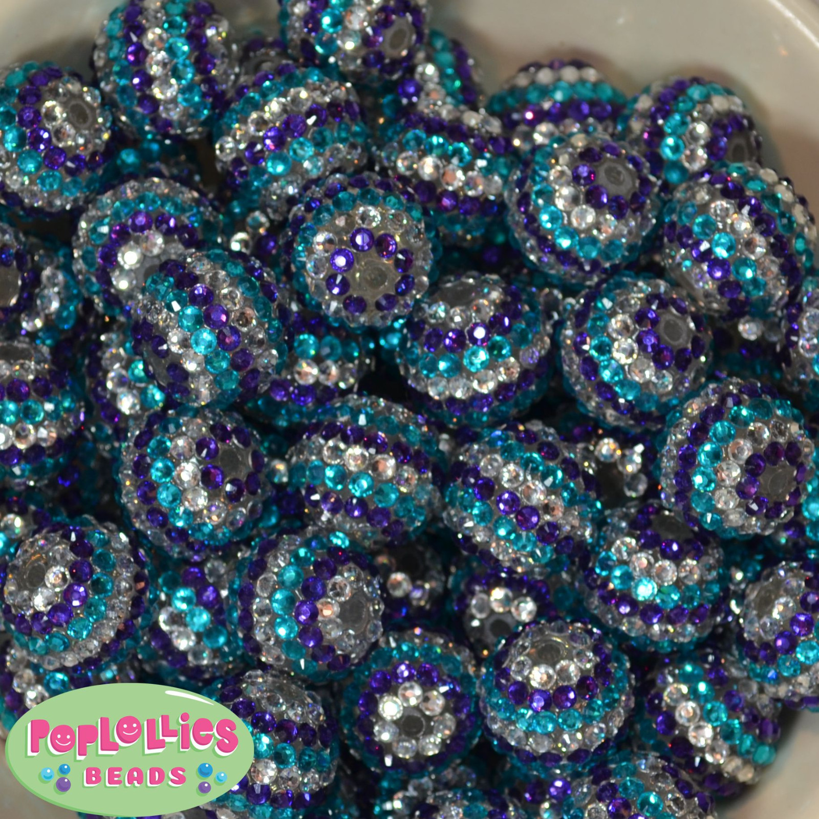 20mm Bubblegum Beads 20 Silver Turquoise Purple FROZEN Rhinestone Jewelry