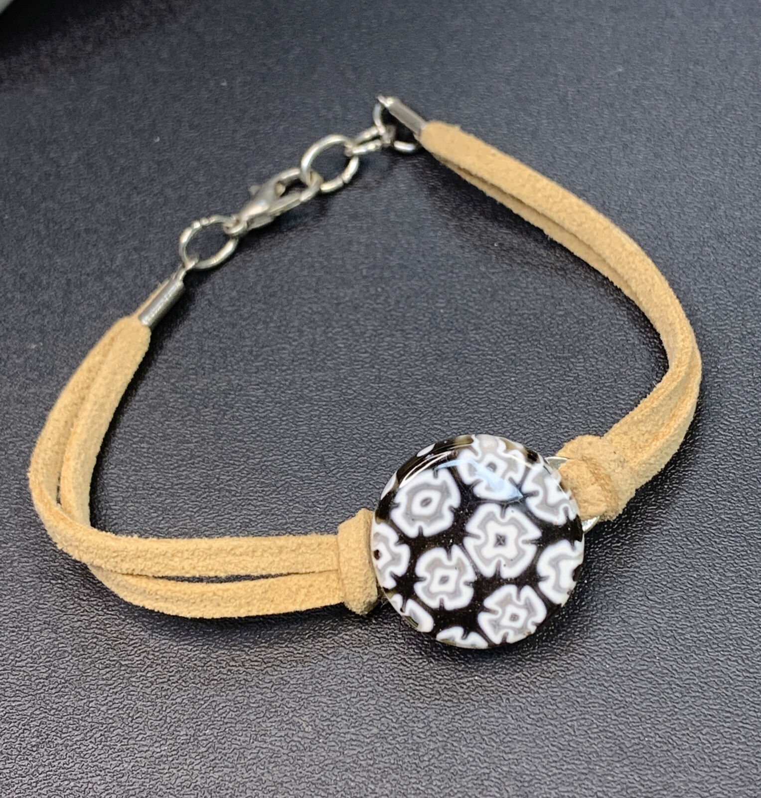 MADE IN ITALY Bracelet Murano Venetian Art Glass Leather Chain Black Millifiori