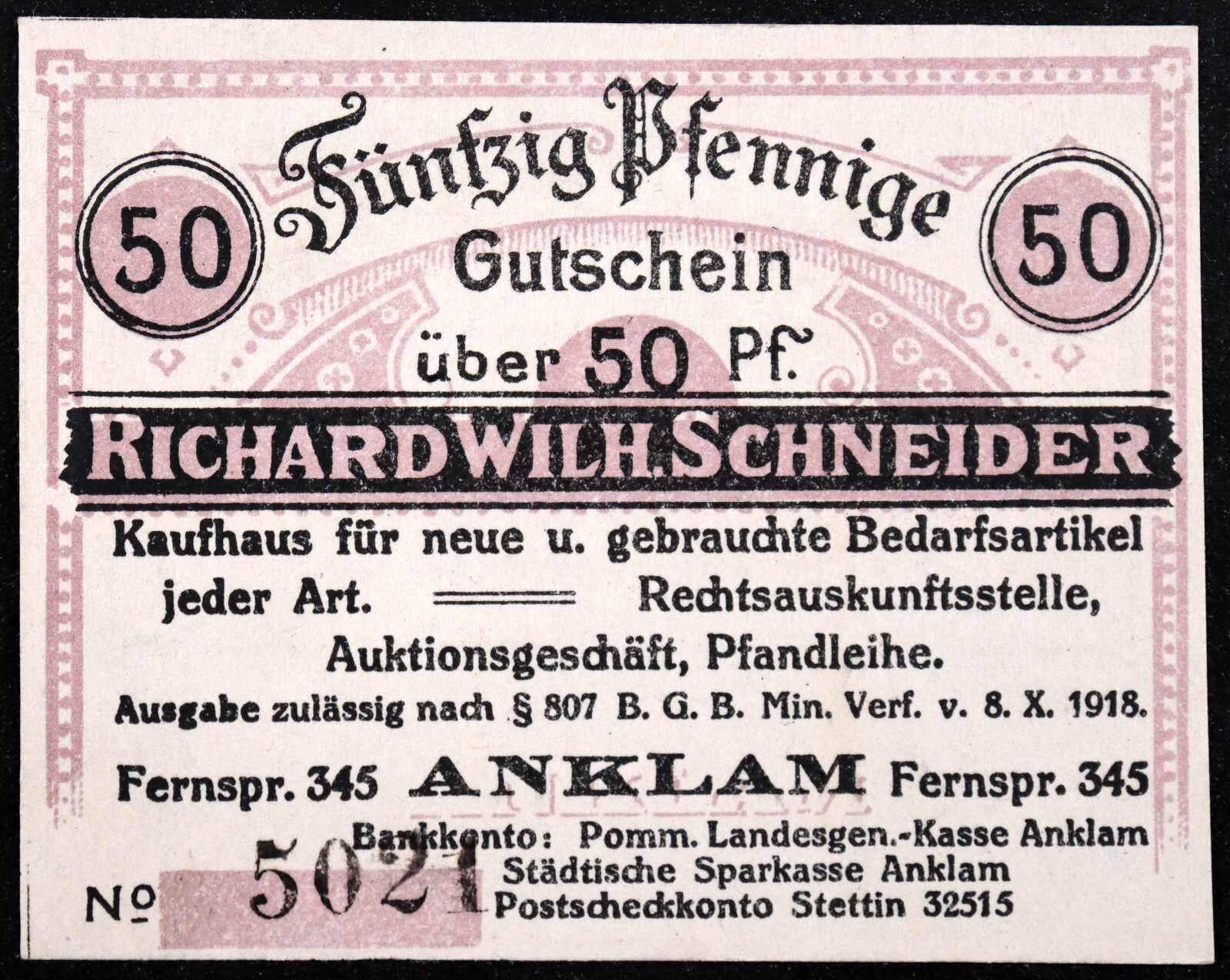 ANKLAM 1920 "Richard Wilh. Schneider Kaufhaus" Rare 50 Pfennig German Notgeld