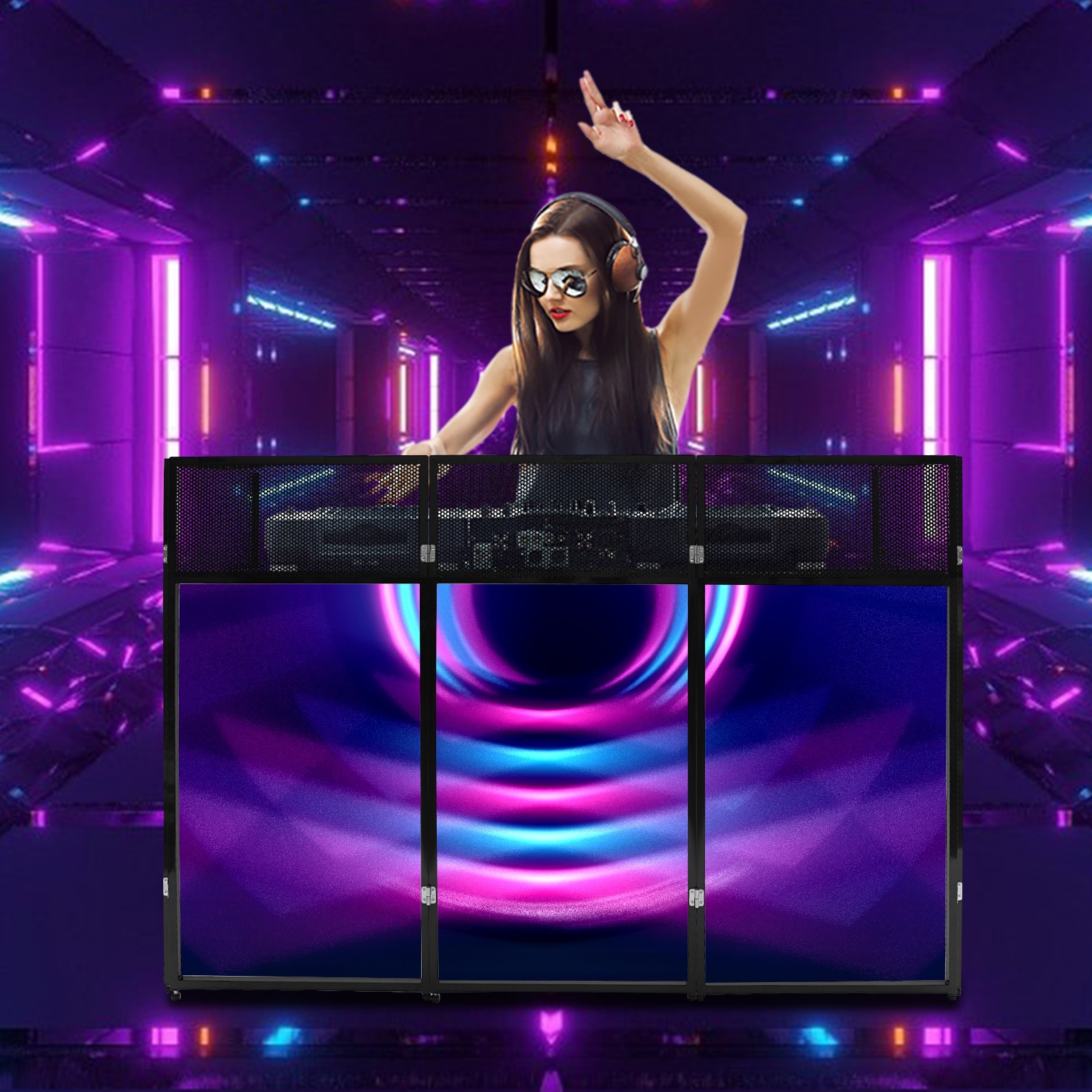 DJ Event Facade Black White Scrim Metal Frame Booth + 23“x73” Flat Table Top
