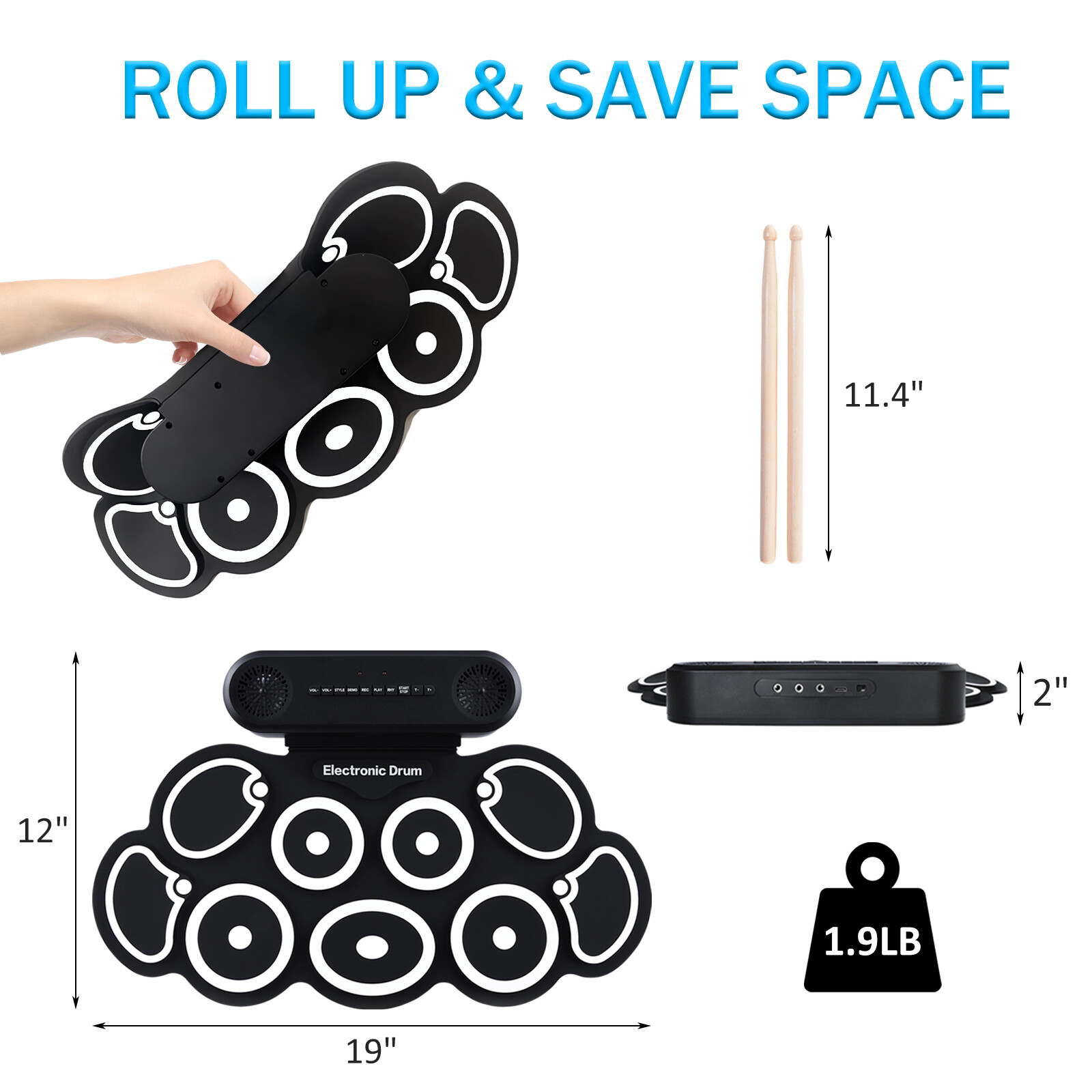 Electronic Drum Set 9 Pads Drum Practice Pad Kit Roll-Up Electric Drum Set