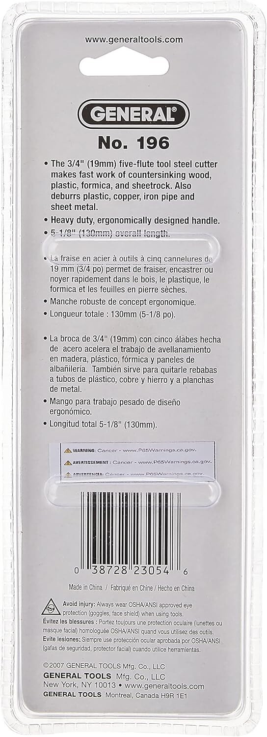 General Tools 196 Short Length Hand Reamer & Countersink, 3/4"