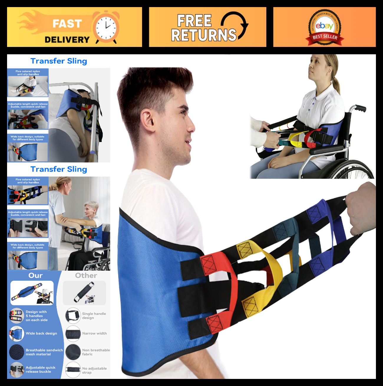 Heavy Duty Transfer Sling Belt for Seniors | Gait Lift Assist Aid for Elderly, D