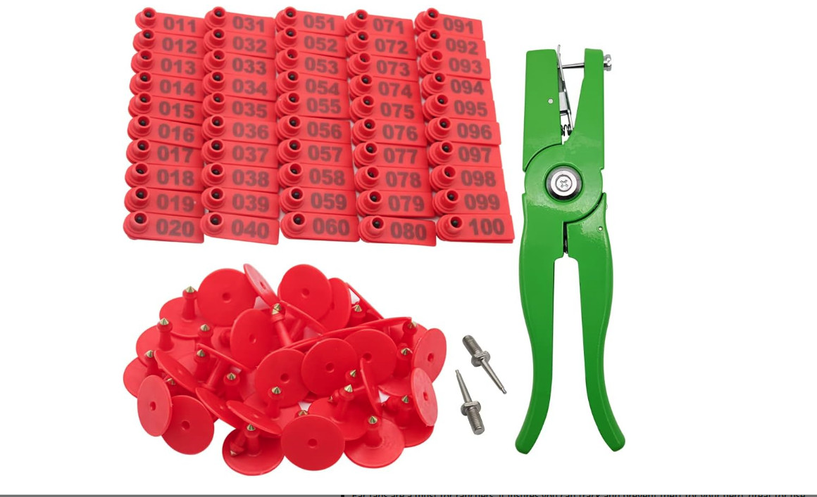 Etiquetas oreja 001-100 ganado/cabra, plástico rojo + pinza aplicadora