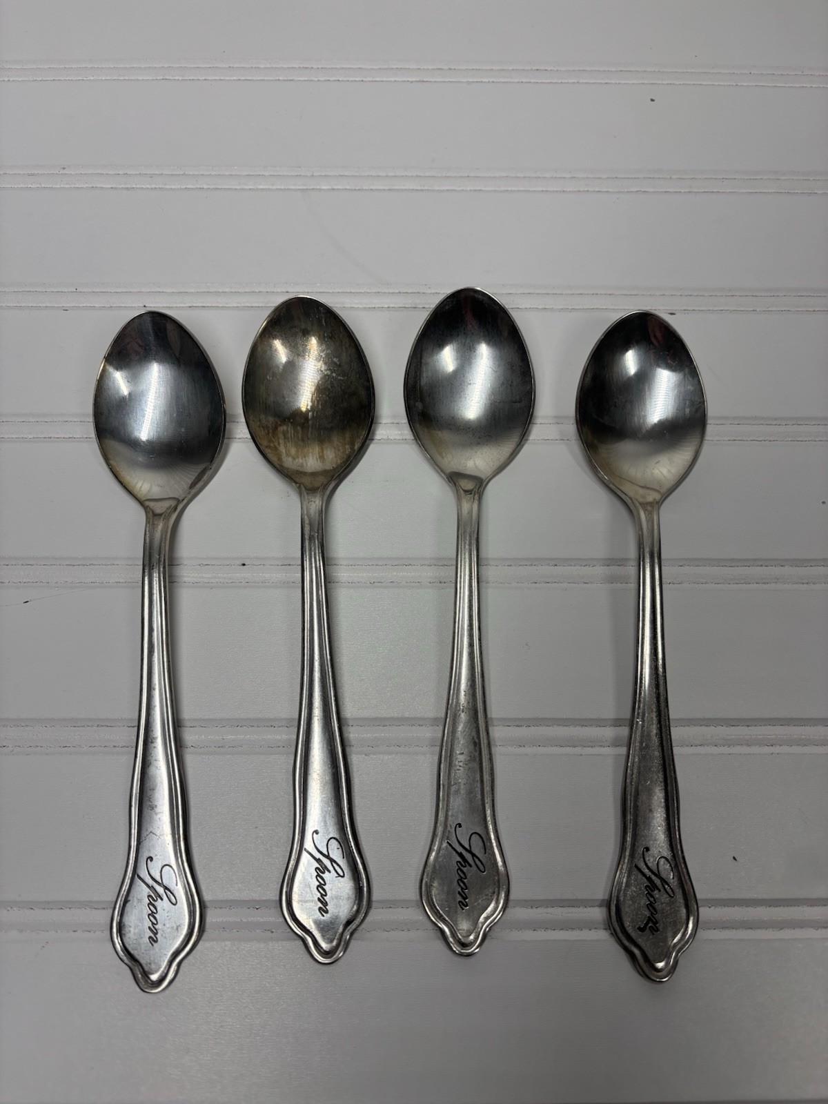 4- Pottery Barn ANTIQUE SILVER SENTIMENT Silverplated Flatware 8" SOUP SPOONS