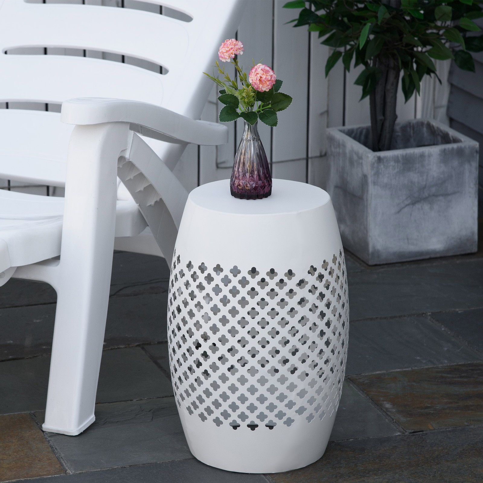 12" Steel Outdoor Side Table Round Hollow Drum Indoor Patio End Accent Table