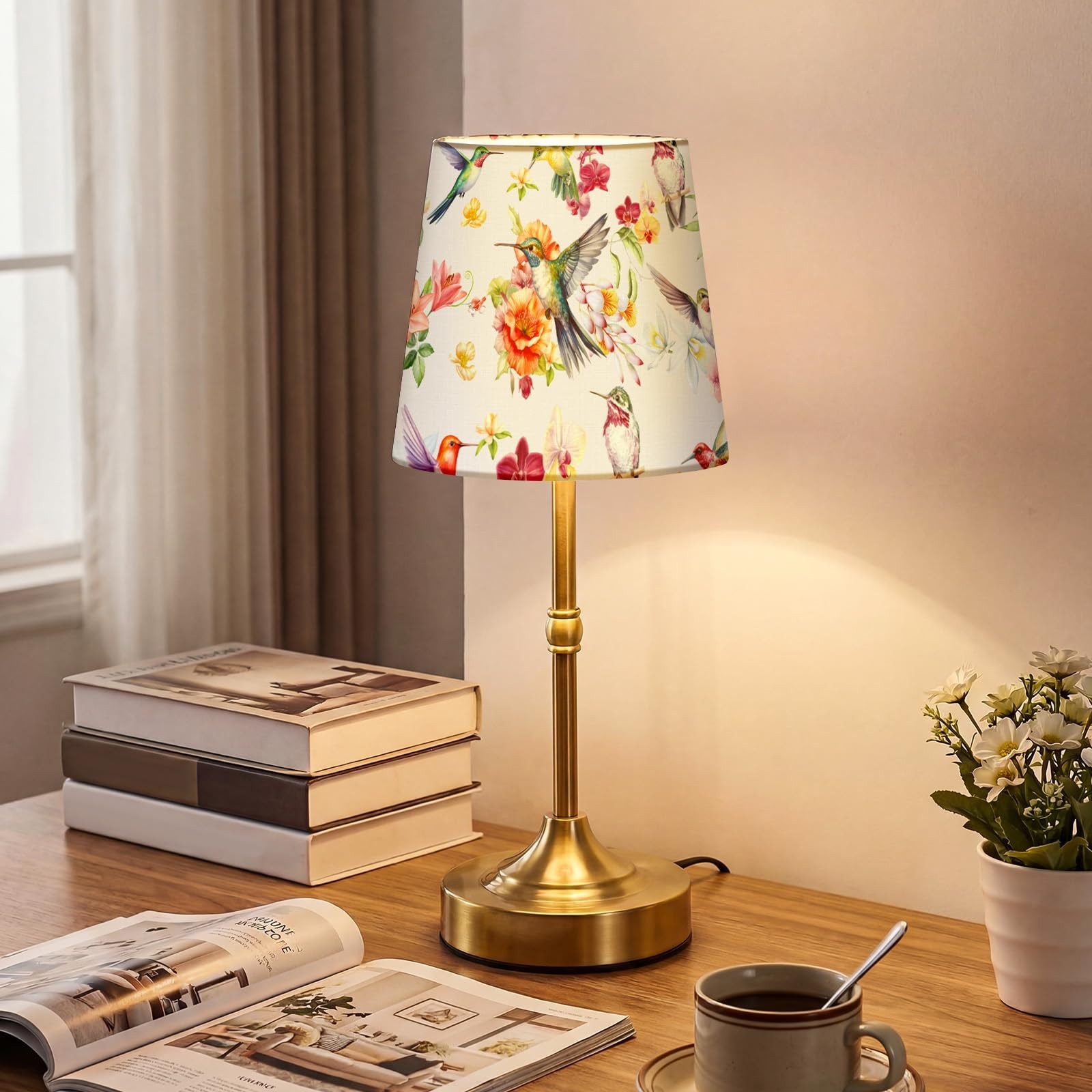 Cordless Table Lamp for Bedroom Bedside Bird Floral Linen Lampshade with Rech...
