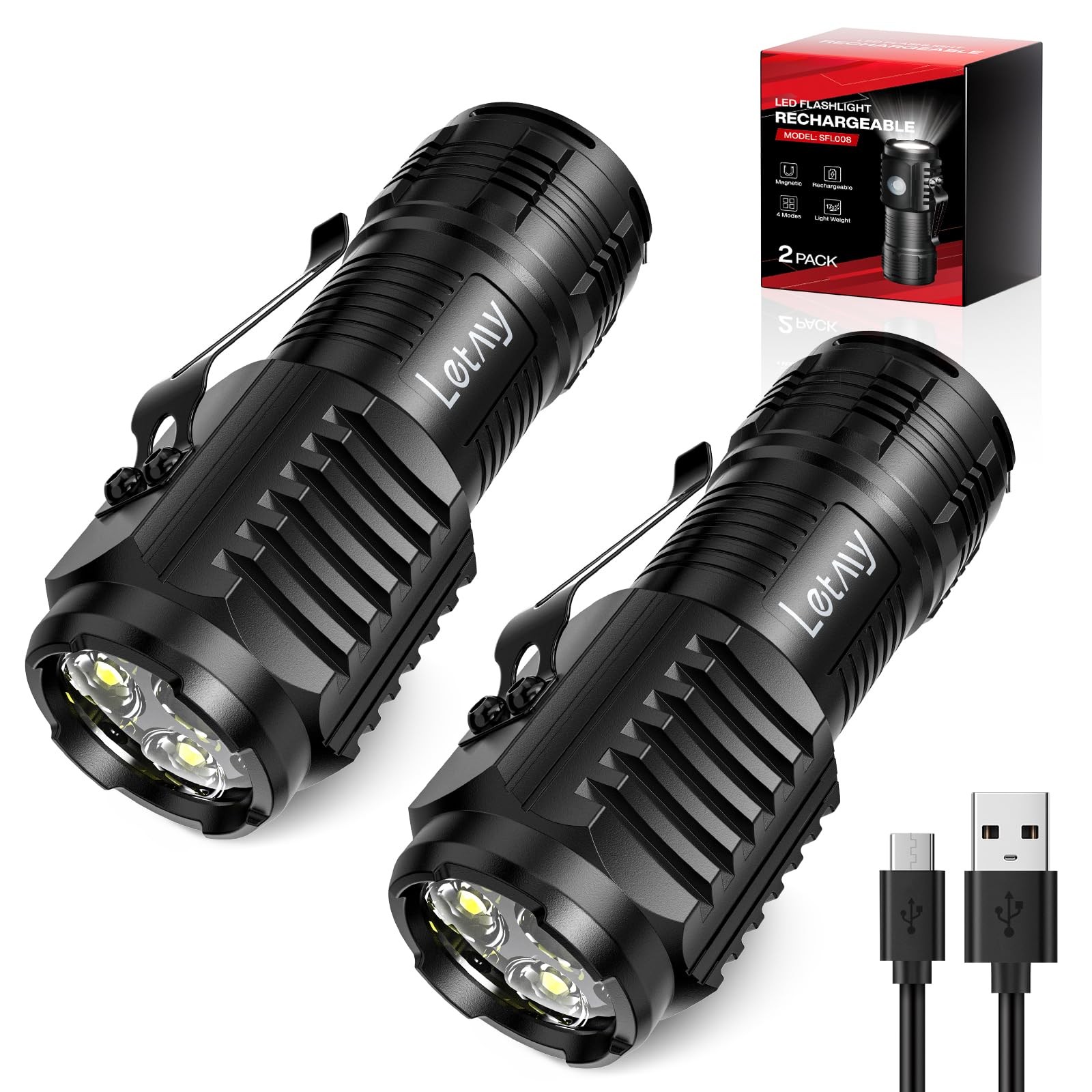 LETMY Rechargeable Mini Flashlights with Magnetic Base, 2 Pack 2 pack, Black