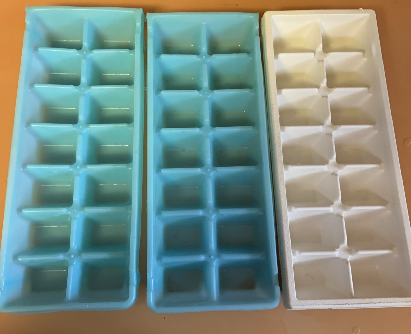 Lot Of 3 Plastic Ice Cube Trays Two Blue One White 14 Cubes ea.