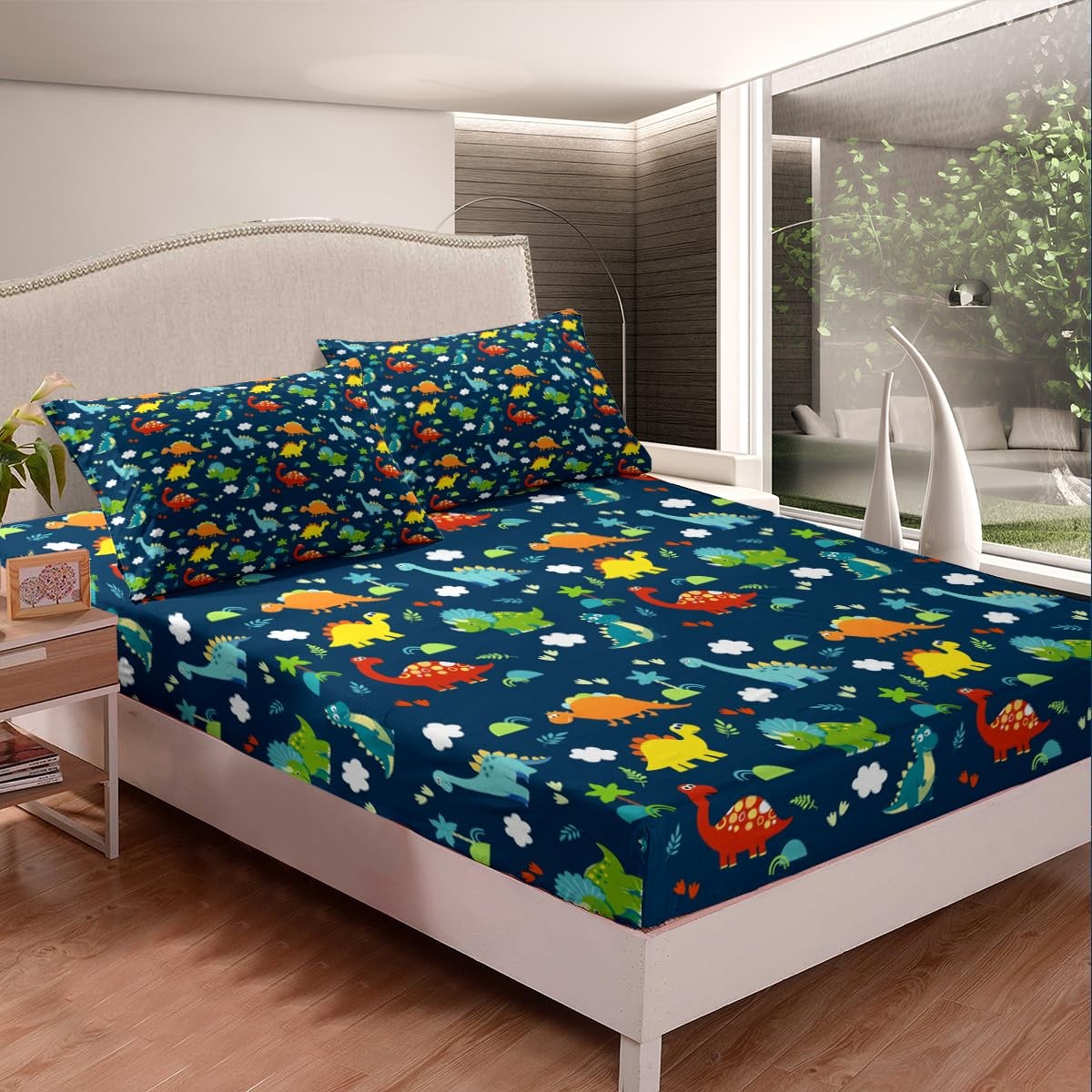 Dinosaur Fitted Sheet Queen Size Kids Bedding Set Cartoon Dinosaur Fitted She...