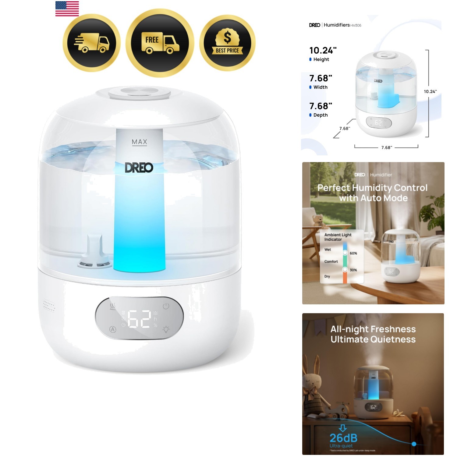 Humidifiers for Bedroom, 3L Top Fill 30H & 26dB Quiet Runtime for Large Room,...