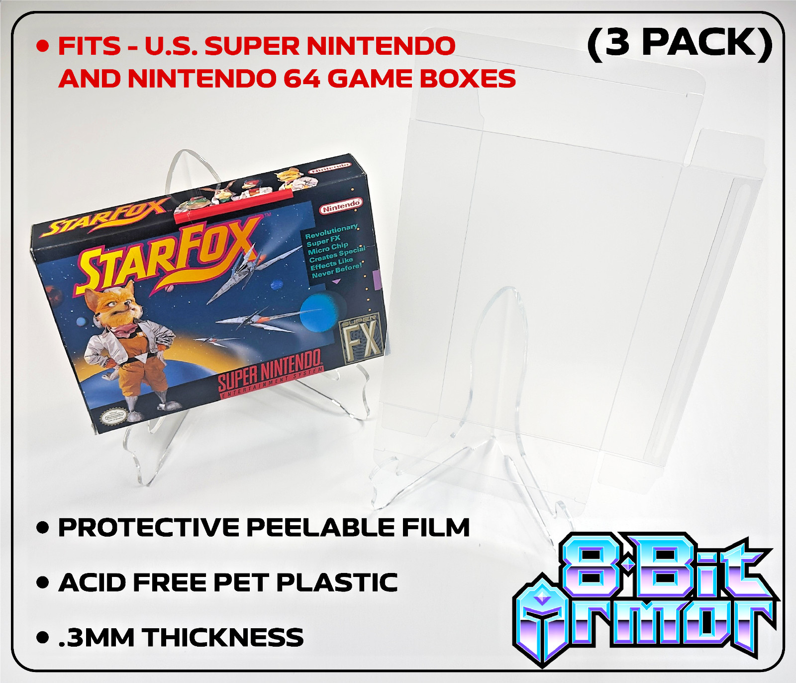 3 Box Protectors for Super Nintendo SNES & N64 Game Boxes Clear Cases - 8Bit Arm